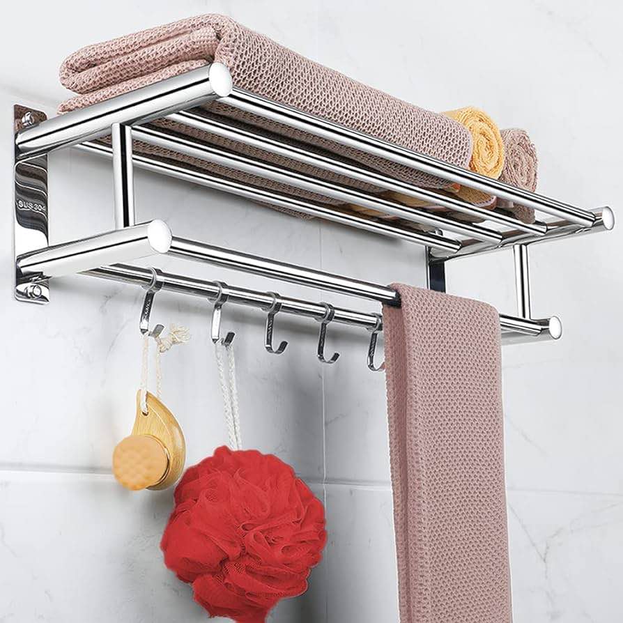 Bathroom Towel Rack Shelves - SUS304 Stainless Steel Rustproof with Double Towel Bar & 5 Hooks, Shower Room Organizer, Shelf Holder, Bathroom Storage for Towels, Bathrobes, Shower Caddy, Brush