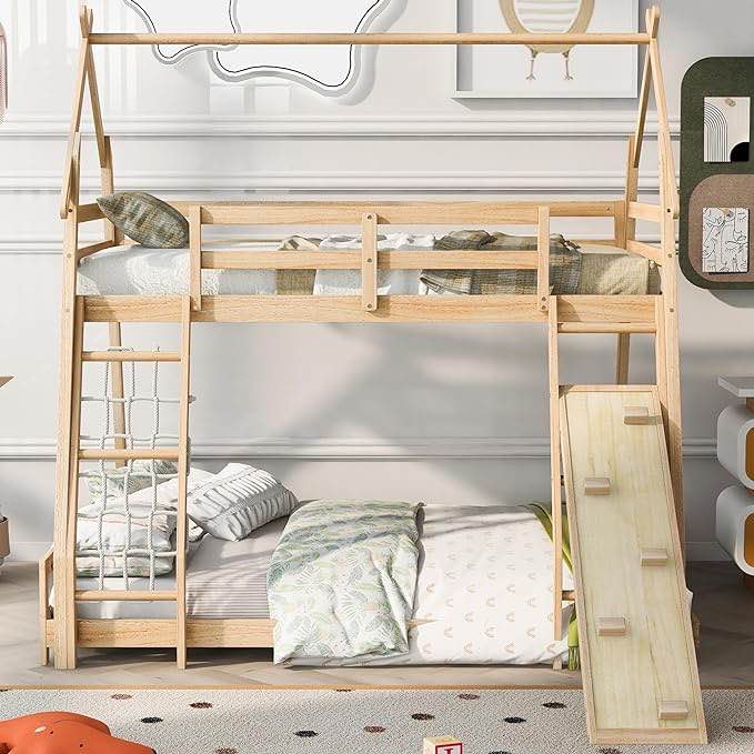 Harper & Bright Designs Natural Twin Over Queen Bunk Bed with Climbing Nets and Climbing Ramp,Wooden Playhouse Bunk Beds for Kids,Girls & Boys,No Box Spring Needed