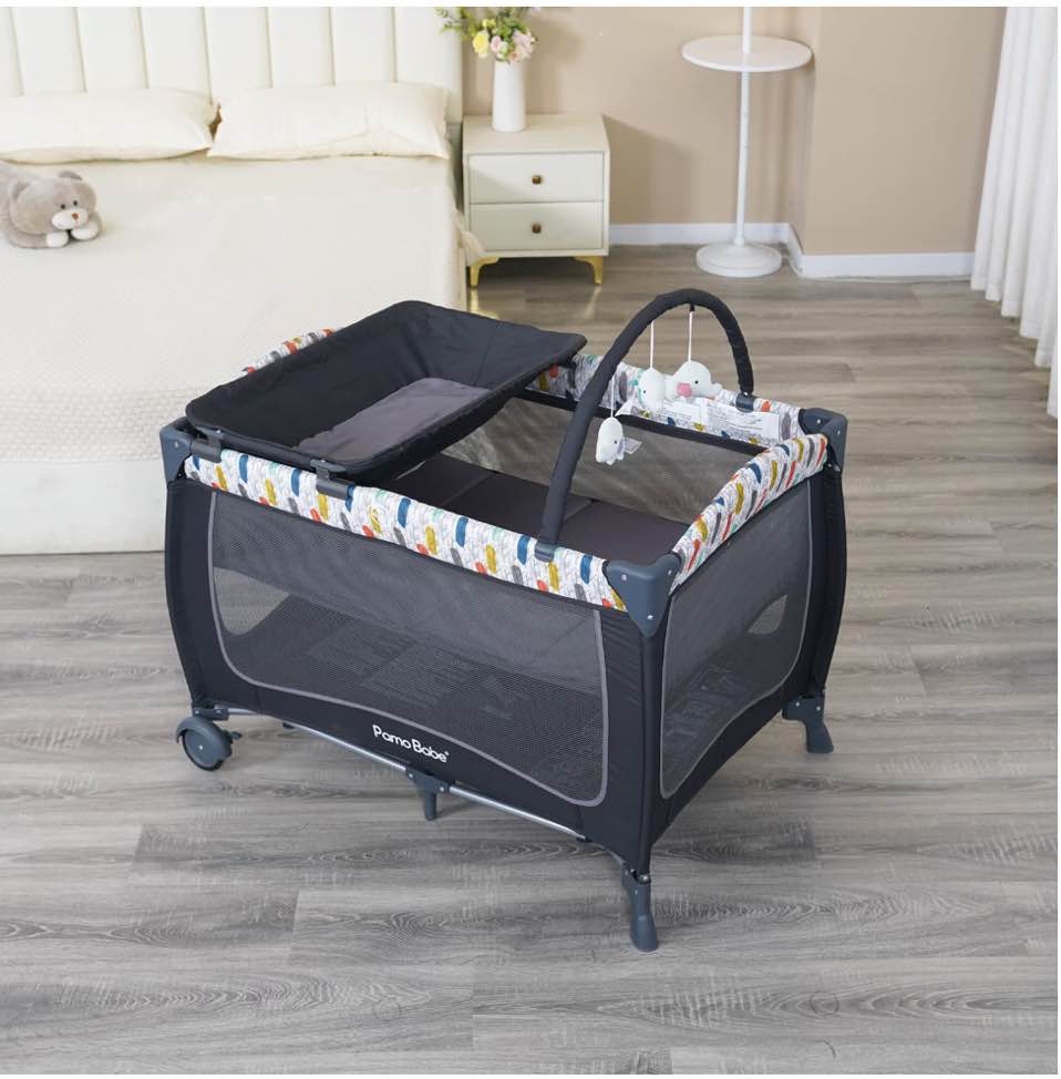 Pamo Babe Deluxe Nursery Center ,Portable Playard with Bassinet,Changing Table and Toy bar with Soft Toys(Blue)