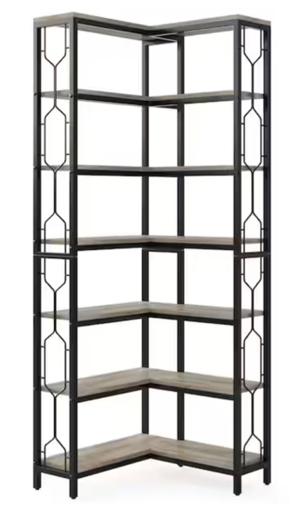 Frailey 79 in. Tall Gray Wood 7-Shelf Corner Etagere Bookcase