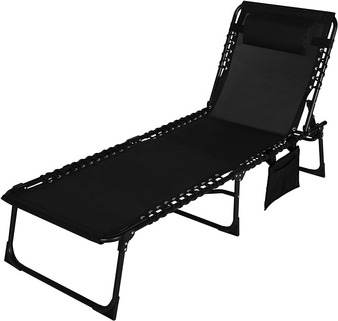 Foldable Chaise Lounge Chair with Detachable Pillow & Pocket, Outdoor Portable Tanning Chair with 4 Position Adjustable Back, Patio, Beach and Pool, Black