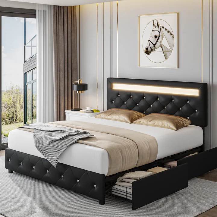 HOMFA FULL LED BED FRAME WITH 4 STORAGE DRAWER, UPHOLSTERED PLATFORM BED WITH ADJUSTABLE CRYSTAL BUTTON TUFTED HEADBOARD, BLACK
