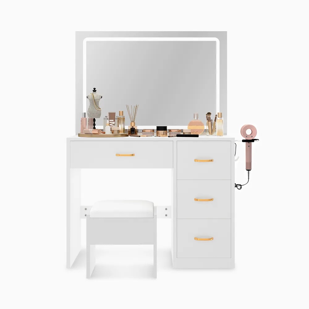 36" Modern Mirror Makeup Vanity with 4 Drawers Charging Station and Light Strip, White & Black