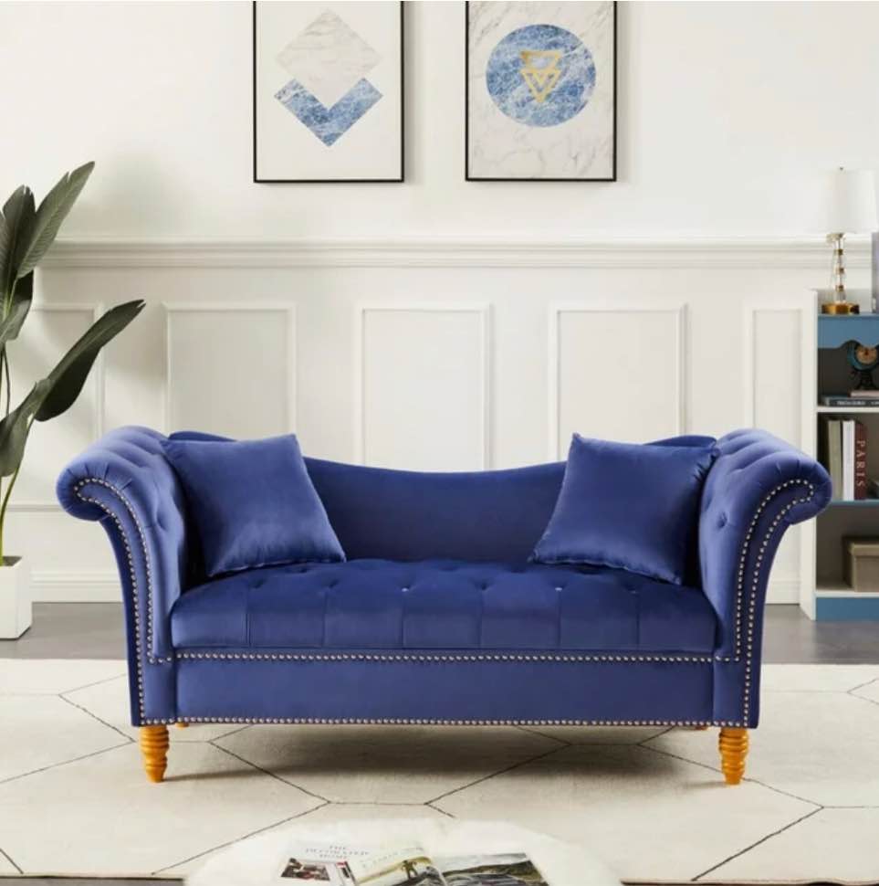 Velvet Sofa with Hidden Storage, Modern Sofa Stool with 2 Pillows, Loveseat Sofa with Nailhead Trim and Tufted Buttons, Storage Couch for Living Room, Bedroom, Blue