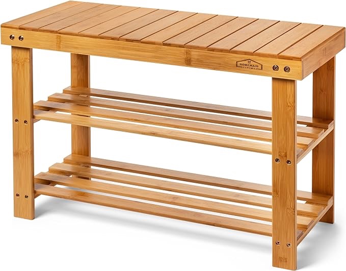 Homemaid Living Bamboo 3 Tier Shoe Rack Small Bench, Outdoor Shoe Rack Weatherproof - Shoe Rack with Bench, Bathroom Bench, Shoe Organizer for Entryway, Hallway, Living Room (Natural Bamboo)