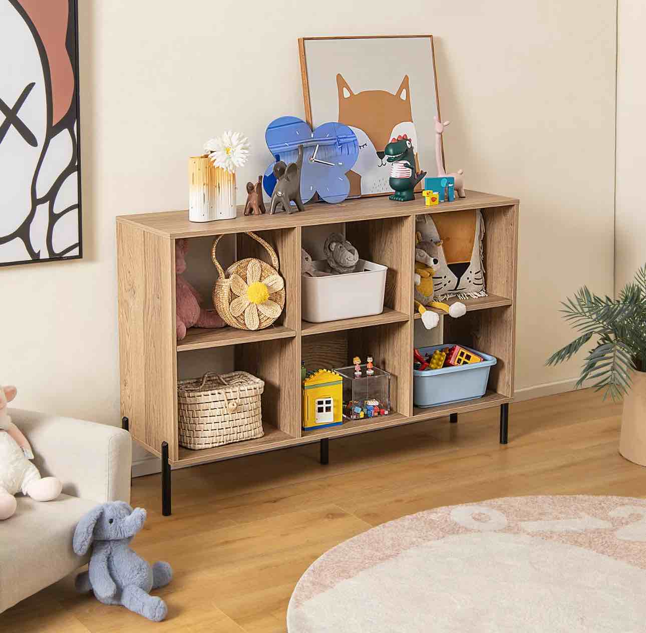 costway Bedroom 6 Cube Storage Shelf Organizer Bookcase Square Cubby Cabinet Natural