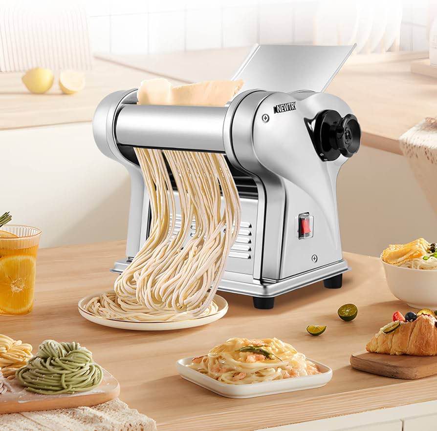 NEWTRY Electric Pasta Maker Noodle Maker Pasta Making Machine Dough Roller Cutter Thickness Adjustable Stainless Steel US 110V for Family Use 2 Blades Type