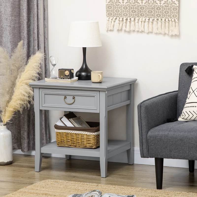 HOMCOM Retro Side Table, End Table with Storage Drawer and Open Shelf for Living Room, Bedroom, Gray
