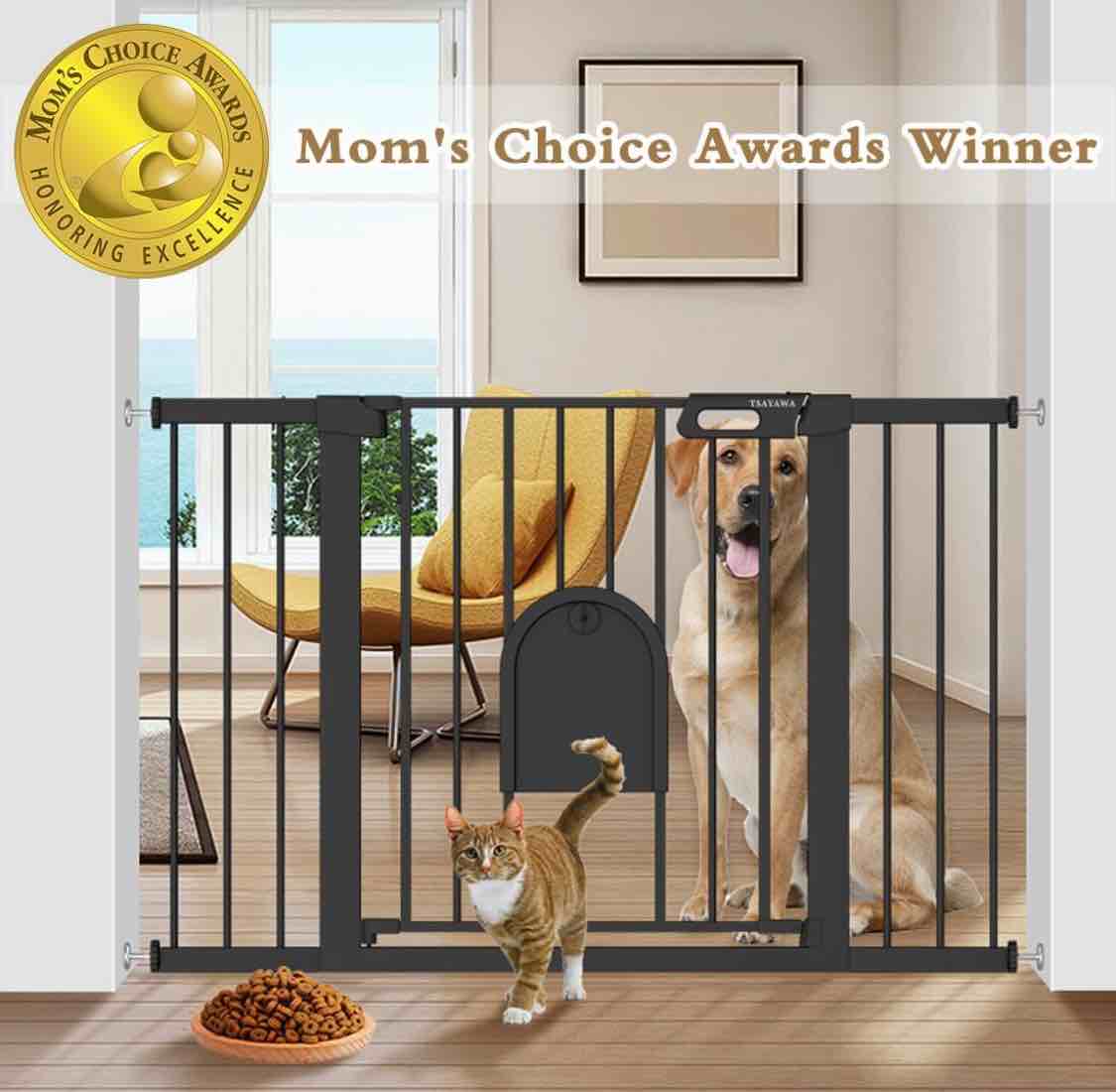 Mom's Choice Awards Winner-TSAYAWA Baby Gate with Cat Door 30" to 57" Wide Black - Walk Through Small Pet Gate for Kitten Puppy Dogs Doorways Stair-Pressure Mounted Child Safety Gate Stand 30inch Tall