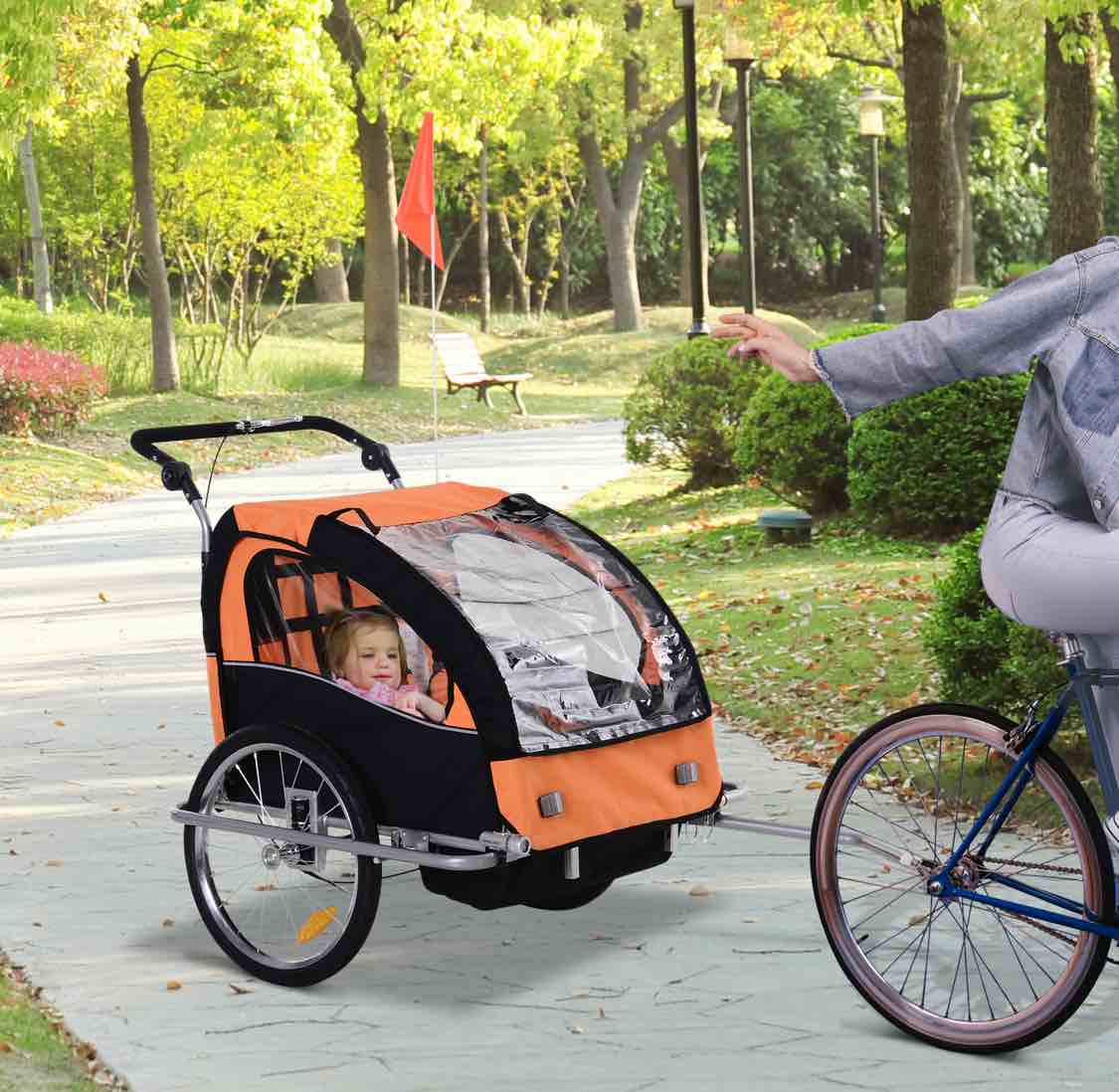 Aosom 2-Seat Kids Bicycle Trailer 55lbs Steel w/ Water Resistant Carrier Windows - Black and Orange