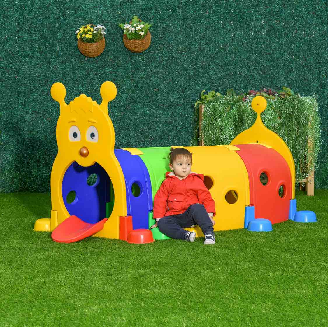 Qaba Caterpillar Tunnel for Kids, Outdoor Indoor Climb and Crawl Through, Play Equipment for Toddler 3-6, 4 Sections, for Daycare, Preschool, Playground, Multicolor