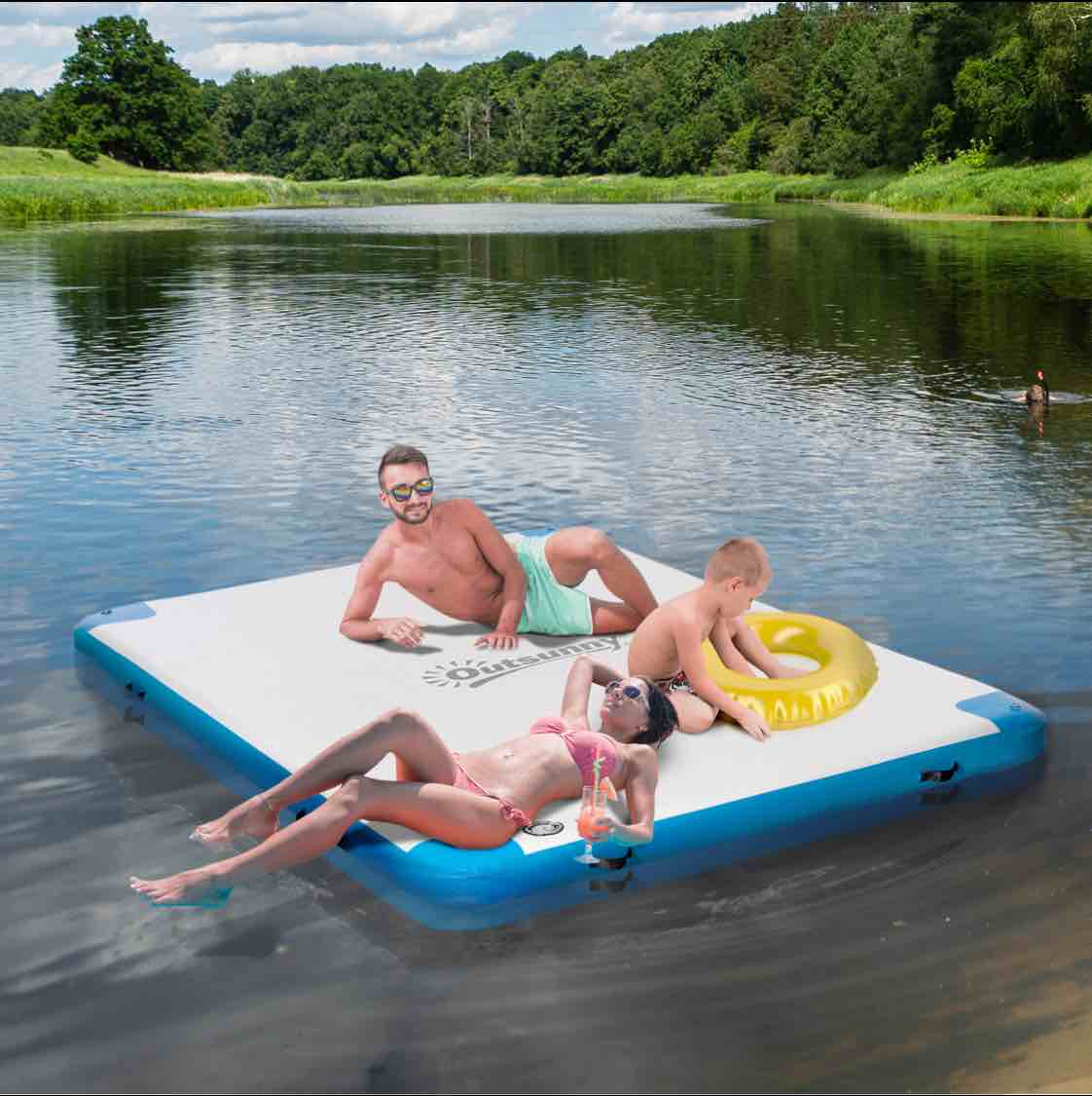 Outsunny 8' x 6' Water Inflatable Floating Dock, Inflatable Platform Island, Large Floating Mat Raft with Air Pump & Backpack, for Pool, Beach, Ocean, White