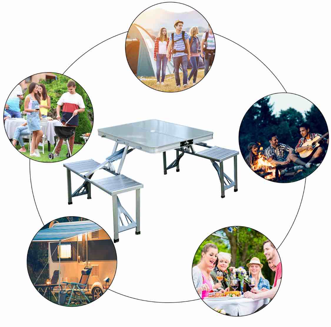 Outsunny 38" Camping Table and Chairs, Foldable with 4 seat, Aluminum Portable Suitcase, outdoor furniture with Umbrella Hole, Handle for Camping Dining BBQ, Silver
