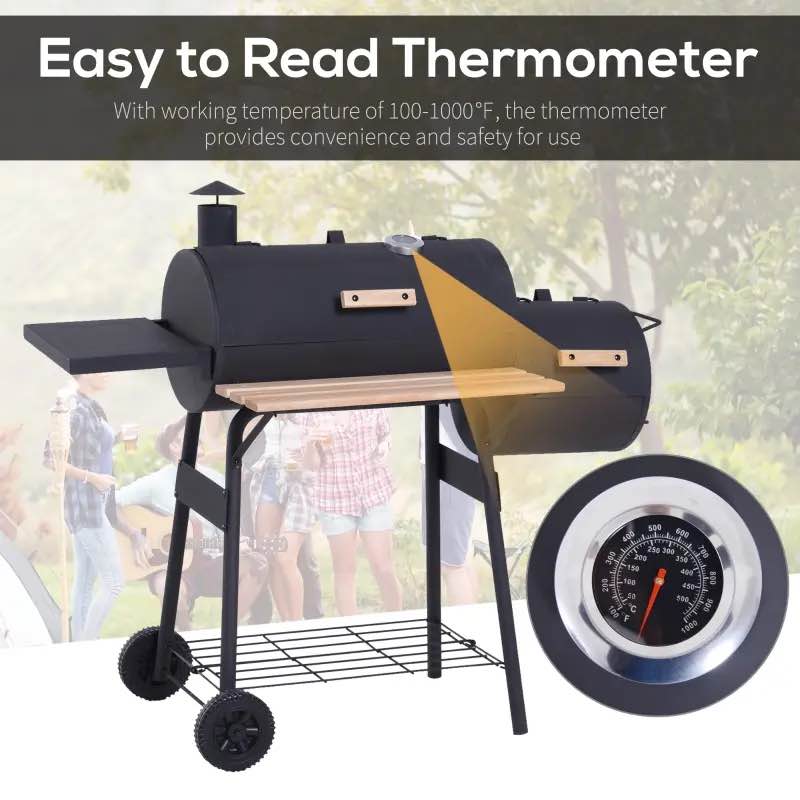 Outsunny 48" Charcoal BBQ, Portable Grill with Wheels, All-in-One Grill, Side vent, Two Shelves and Metal Grating, Lit-Mounted Thermometer, Wooden Handle, for Outdoor Cooking, Black