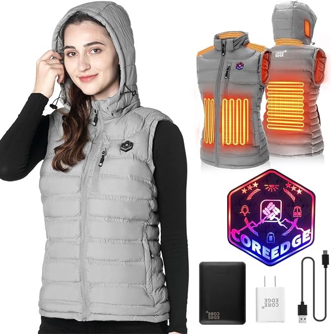COREEDGE Chaleco térmico para mujer con capucha térmica desmontable, chaleco eléctrico inteligente recargable 4 en 1 controlador inteligente negro