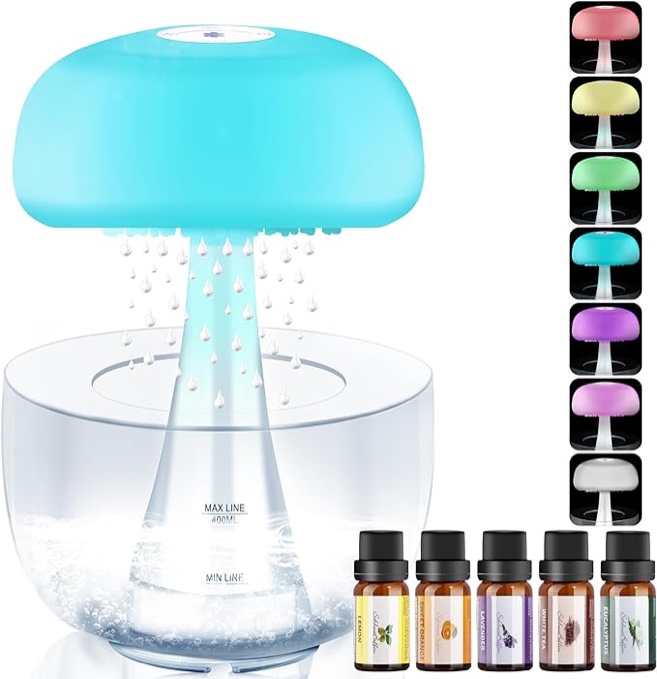 Rain Cloud Humidifier Water Drip with 5 Essential Oils, Cloud Diffuser with 7 Changing Colors Night Lights, Aromatherapy Diffuser Desk Bedside for Sleeping Relaxing Mood Water Drop Sound, Transparent