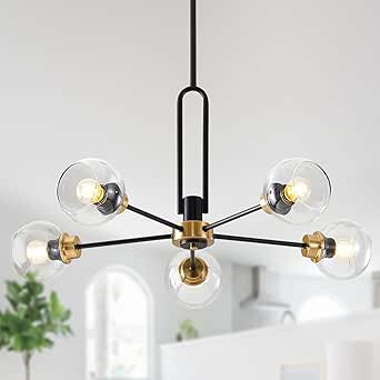 Bsyormak 5 Lights Sputnik Modern Chandelier Mid Century Glass Globe Pendant Lighting Black and Gold Chandeliers Light for Dining Room Kitchen Living Room Bedroom