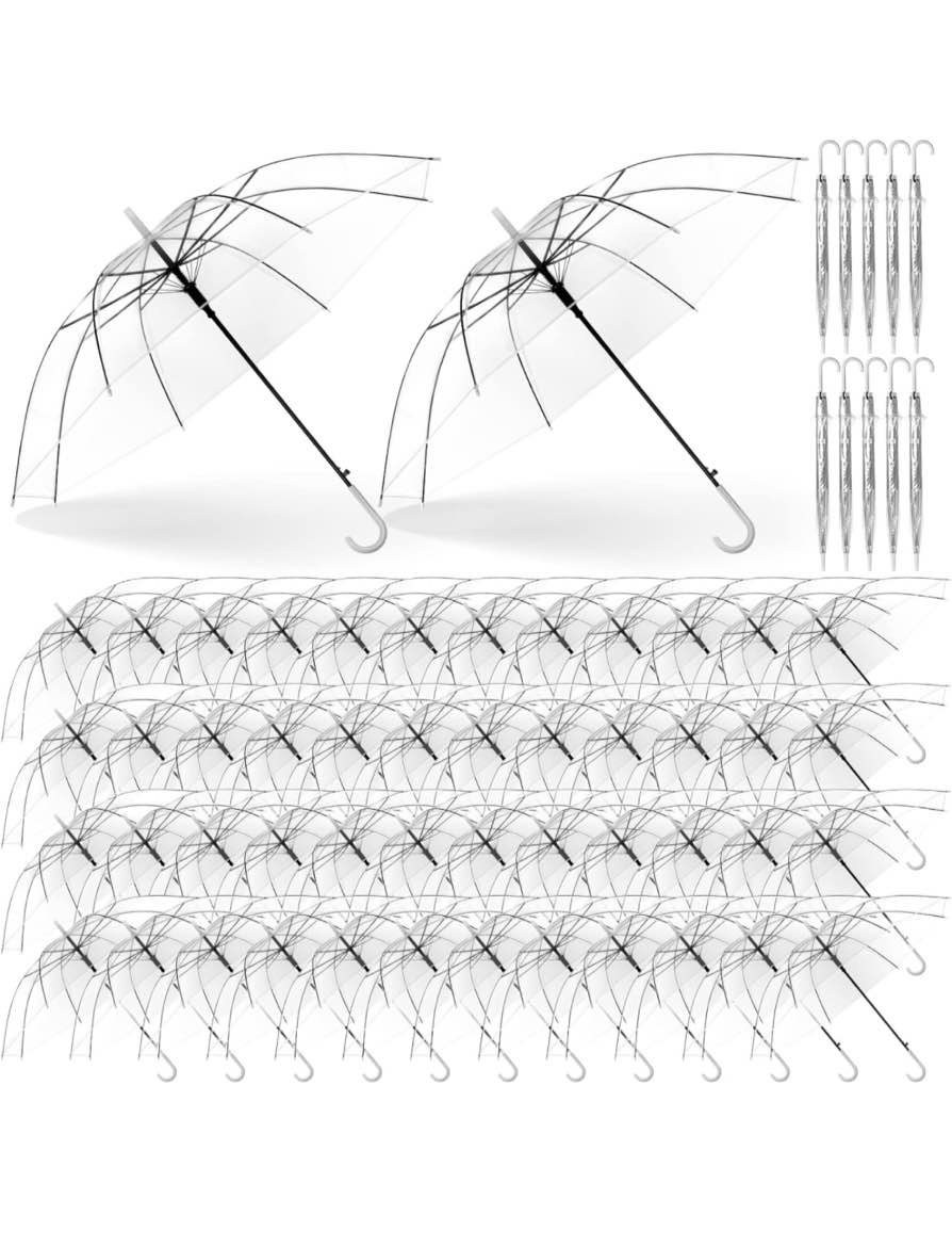 60 Pack Clear Wedding Umbrellas Bulk Transparent Auto Open Stick Umbrellas Windproof Waterproof Large Canopy Umbrella with White European J Hook Handle for Wedding Bride Groom Photography Golf Outdoor