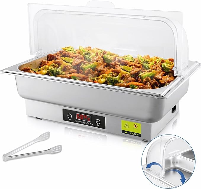 THXSUN Electric Chafing Dish, 9QT Full Size Electric Chafing Dish Buffet Set with Rotary Knob Temp 0??C~100??C Control, 700W Buffet Servers and Warmers with Roll Top & Temp Display for Catering Party