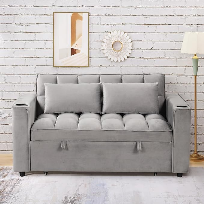 Sofá cama multifuncional 4 en 1 con portavasos y puerto USB, sofá cama extraíble de terciopelo con 2 almohadas y respaldo ajustable, sofá biplaza de 58 pulgadas para sala de estar, oficina y apartamento (gris-V) INCOMPLETE