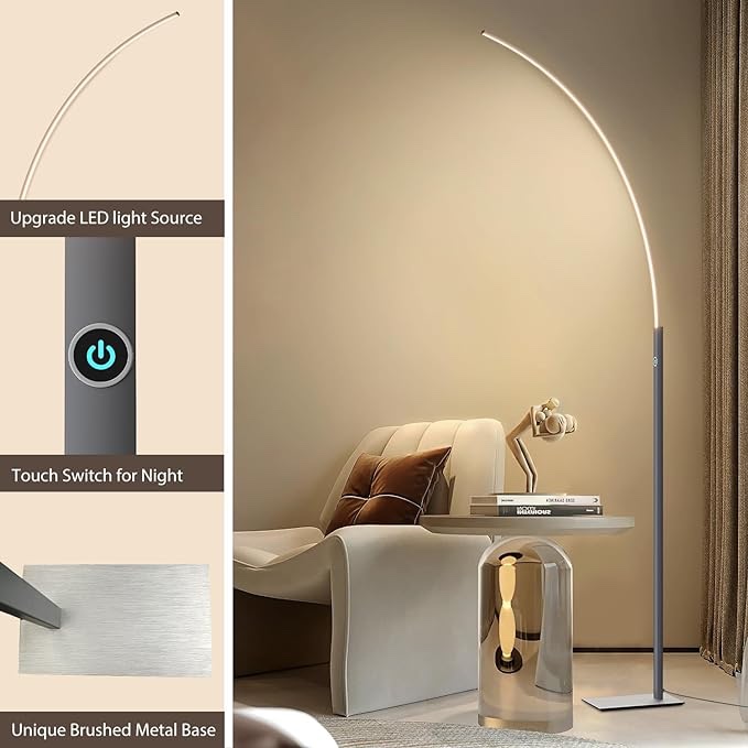 [2023 New] Modern 63" Arc Floor Lamp - Brushed Black Standing Lamp for Living Room and Bedroom, Touch Control 3000K Warm Light and 3-Way Dimmable Brightness Grey Lamp, Unique LED Corner Floor Lamp