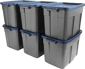 Rubbermaid Roughneckï¸_x008f_ 18 Gallon Storage Totes, Pack of 6, Durable Stackable Storage Containers with Lids, Nestable Plastic Storage Bins for Tools, Toy Storage, Grey and Dark Indigo Metallic
