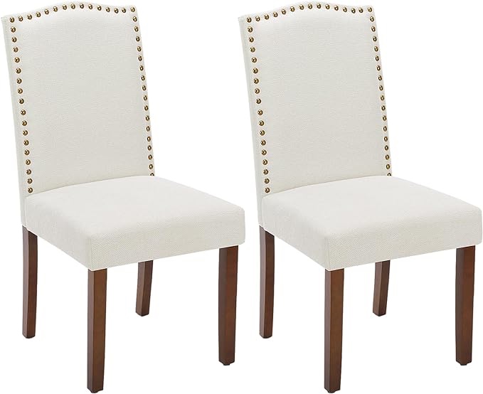 DUMOS Dining Chairs Set of 2, Fabric Dining Room Chairs, Upholstered Parsons Chairs with Nailhead Trim and Wood Legs, Kitchen Side Chair for Living Room,Bedroom, Kitchen, Beige