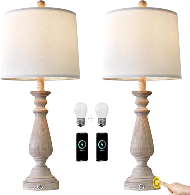 PORTRES 25.75" 3 - Way Dimmable Touch Lamps Set of 2 for Bedroom Rustic Bedside Lamp with USB Ports for Living Room Kids Room Study Room ?Resin?