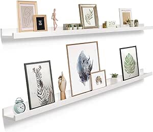 Picture Ledge Shelf for Wall [White, 60 Inch, 2 Pack] Narrow Floating Photo and Picture Shelves. Wooden Displaying Shelf with Lip for Nursery, Bedroom, Figures, Toys, Action Figure, Makeup, Jewellery