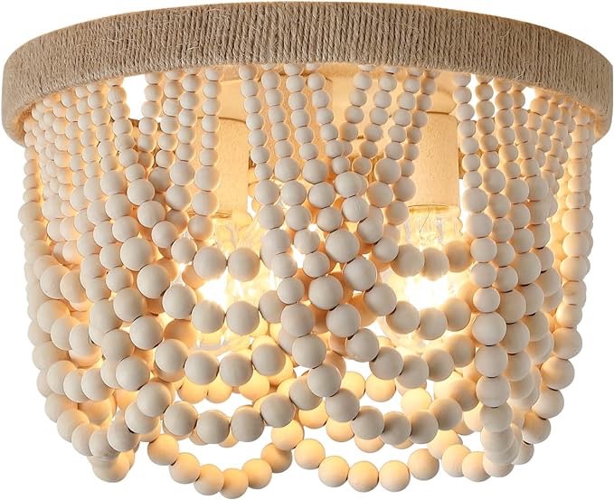 AMZASA Boho Wood Beaded with Hemp Rope Flush Mount Ceiling Light Farmhouse Small Chandelier Light Fixture for Bedroom Hallway Entryway Closet Kitchen Dining Room Living Room Nursery 3-Lights