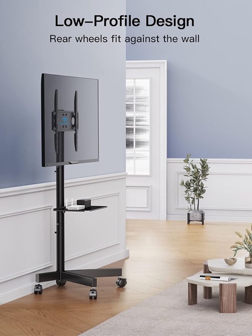 PERLESMITH Mobile TV Cart with Wheels for 23-60 Inch LCD LED OLED Flat Curved Screen Outdoor TVs Height Adjustable Shelf Floor Stand Holds up to 55lbs Monitor TV Holder with Tray Max VESA 400x400mm