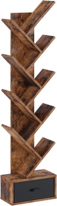 Rolanstar Bookshelf with Drawer, 9 Shelf Tree Bookshelf, Wooden Bookshelves Storage Rack for CDs/Movies/Books, Rustic Brown Bookcase, Utility Organizer Shelves for Living Room, Bedroom
