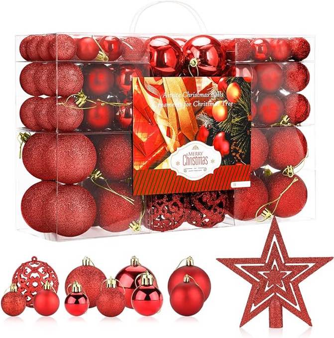 Aitsite Christmas Baubles Xmas Tree Hanging Christmas Balls Decoration Ornamentsl Home Festival Decors (B-Red-100pcs, 2 CM+4 CM+6 CM)
