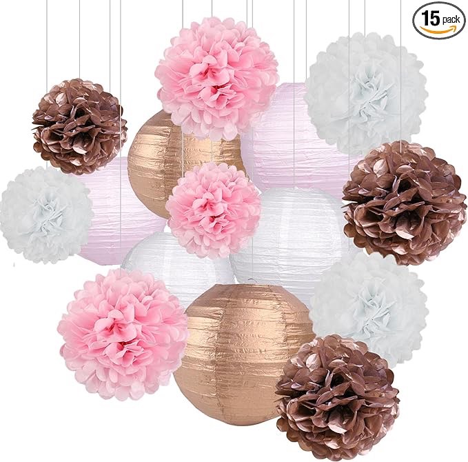 zilue Rose Gold Party Decorations, Pink Rose Gold Paper Lanterns and Pom Poms Flowers for Birthday Party Bridal Shower Bachelorette Party Decor 15PCS