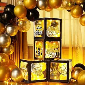 51 Pcs Gold and Black Party Decorations Kit Birthday Balloon Boxes with Balloons and LED Light Strings Gold and Black Birthday Backdrop Photo Props for Men Women Birthday Party Supply Balloon