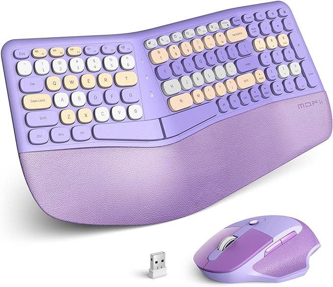 MOFII Ergonomic Wireless Keyboard and Mouse, 2.4G USB Full Size Computer Keyboard Mouse Combo with Split Design, Wrist Support, Natural Typing, Works for Windows 7 8 10 PC Laptop (purple Colorful)