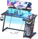 MOTPK Gaming Desk with Led Lights & Power Outlet, 40 Inch Small Gaming Computer Desk with Shelves, Reversible Gamer Desk Table with Adjustable Monitor Stand & Headphone Hook, Carbon Fiber Texture