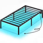 Rolanstar Bed Frame with Power Outlets& Led Lights, 14 Inch Metal Platform Bed Frame with Heavy Duty Steel Slat Support, Storage Space Beneath Bed, No Box Spring Needed, Noise Free, Black, Twin