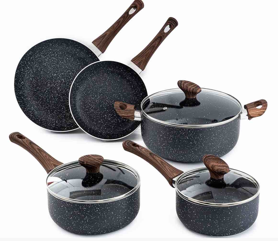 Non Stick Pots and Pans Set – Induction Hob Pot Set – 8pcs Kitchen Cookware with Lids – Cooking Marble Saucepan Pots and Frying Pans – by Nuovva