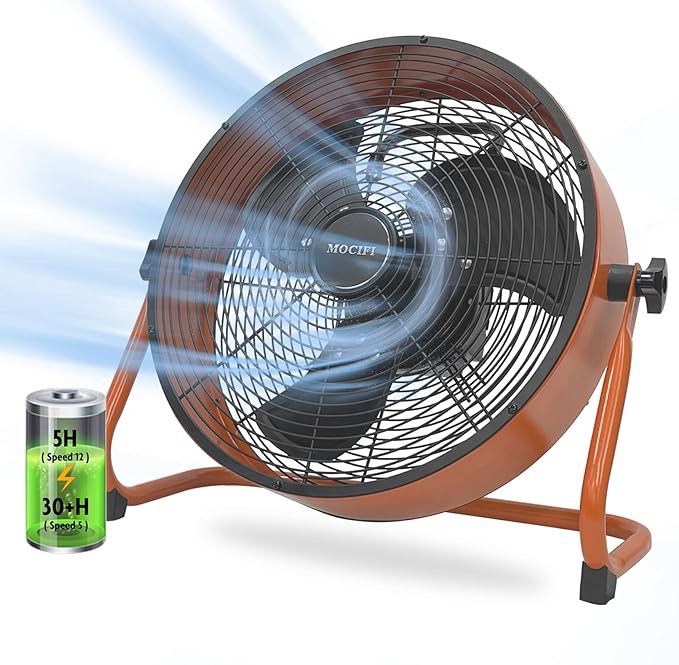 MOCIFI Battery Operated Fan 12-Speed Rechargeable Floor Fan High Velocity Portable Cordless Outdoor Fan, USB Output For Phone, for Camping, Travel, Patio, Indoor, Orange, 12 Inch