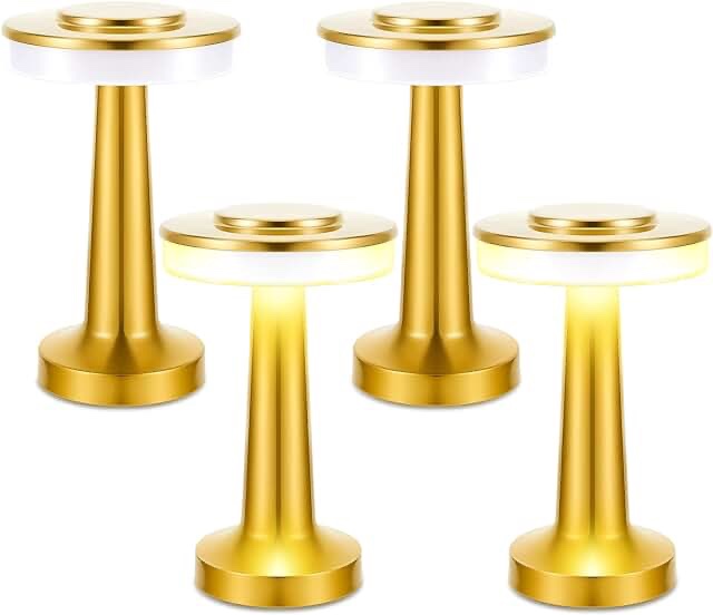 Riakrum 4 Pcs Led Portable Metal Table Lamp with Touch Sensor 3 Color Stepless Dimming Nightstand Desk Lamp Rechargeable Battery up to 15 Hours Cordless Lamp Table Wireless Lamp for Kids (Gold)