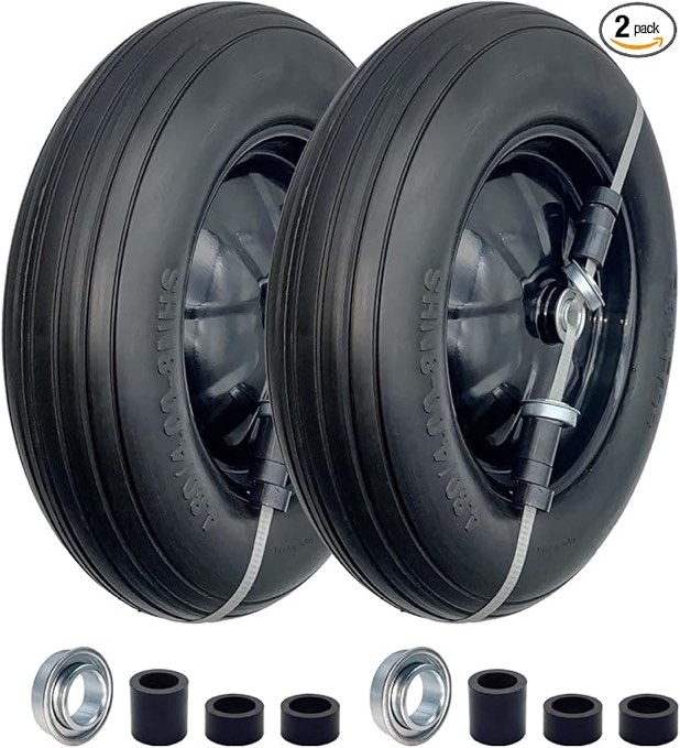 (2-PACK) 4.80/4.00-8" Tire and Wheel - Universal Fit 16" Flat Free Solid Wheelbarrow Tires with 3" Hub and 5/8" Bearings â€“ Extra Adapter kit includes 3/4" Ball Bearings, 1" and 1/2" Nylon Spacers