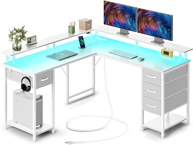 (Similar)Seventable L Shaped Gaming Desk with 4 Drawers, Computer Desk with LED Lights & Power Outlets, Home Office Desk with Shelves & Monitor Stand for Living Room, White