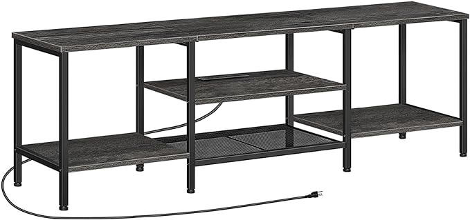 HOOBRO TV Stand with Power Outlets to 75 Inches, TV Console Table with Open Storage Shelves Cabinet, Industrial Media Entertainment Center for Living Room Bedroom, Charcoal Gray and Black BC60DS01