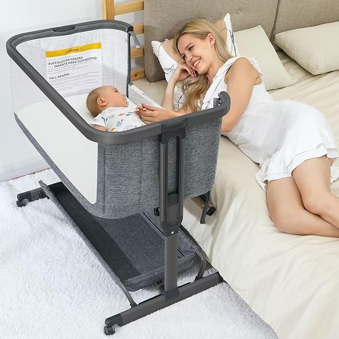 AMKE 3 in 1 Baby Bassinets,All Mesh Bedside Sleeper for Baby,Easy to Assemble Bassinet for Newborn/Infant,Baby Cradle with Storage Basket,Adjustable Bedside Crib,Safe Portable Baby Bed