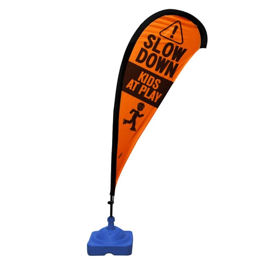 Teardrop Banner Flag Safety Sign with Fiberglass Poles and Weighted Base for Yards and Driveways -"Slow Down Kids at Play", Orange