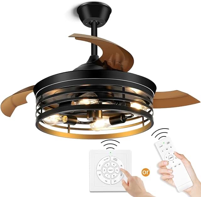 NEWORB 42Inch Retractable Ceiling Fans with Lights Remote Control Black Caged Ceiling Fan Farmhouse vintage Industrial Ceiling Fan with Light for Patio Kitchen Bedroom Living Room