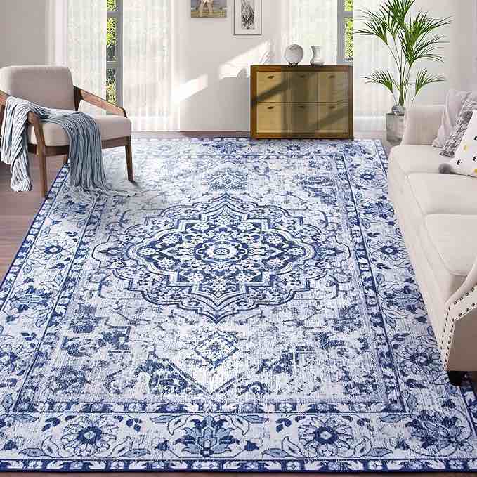 OHWPEAT Vintage 5x7 Area Rugs for Living Room, Retro Bedroom Rugs, Large Throw Rug for Home Office Dorm Kitchen Dining, Print Accent Rug Non Slip Washable Rug Indoor Floor Christmas Carpet, Blue