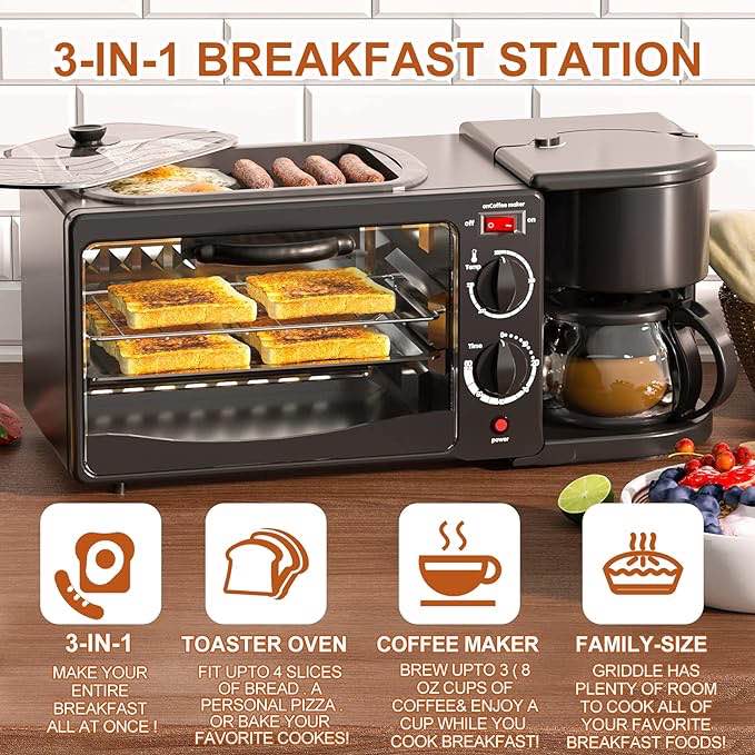 Breakfast Station, Toaster with Frying Pan, Portable Oven Breakfast Maker with Coffee Machine, Non Stick Die Cast Grill/Griddle for Bread Egg Sandwich Bacon Sausages (Premium Black)