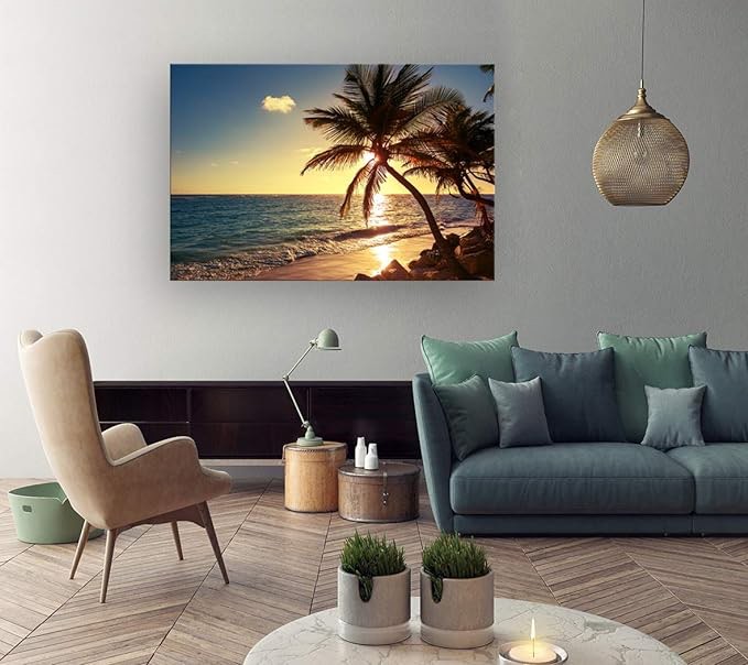S04969 Wall Art Decor Large Canvas Print Picture Sunset Ocean Beach Waves 1 Panel Coconut tree Scenery Painting Artwork for Office Home Decoration Stretched and Framed Ready to Hang XLarge